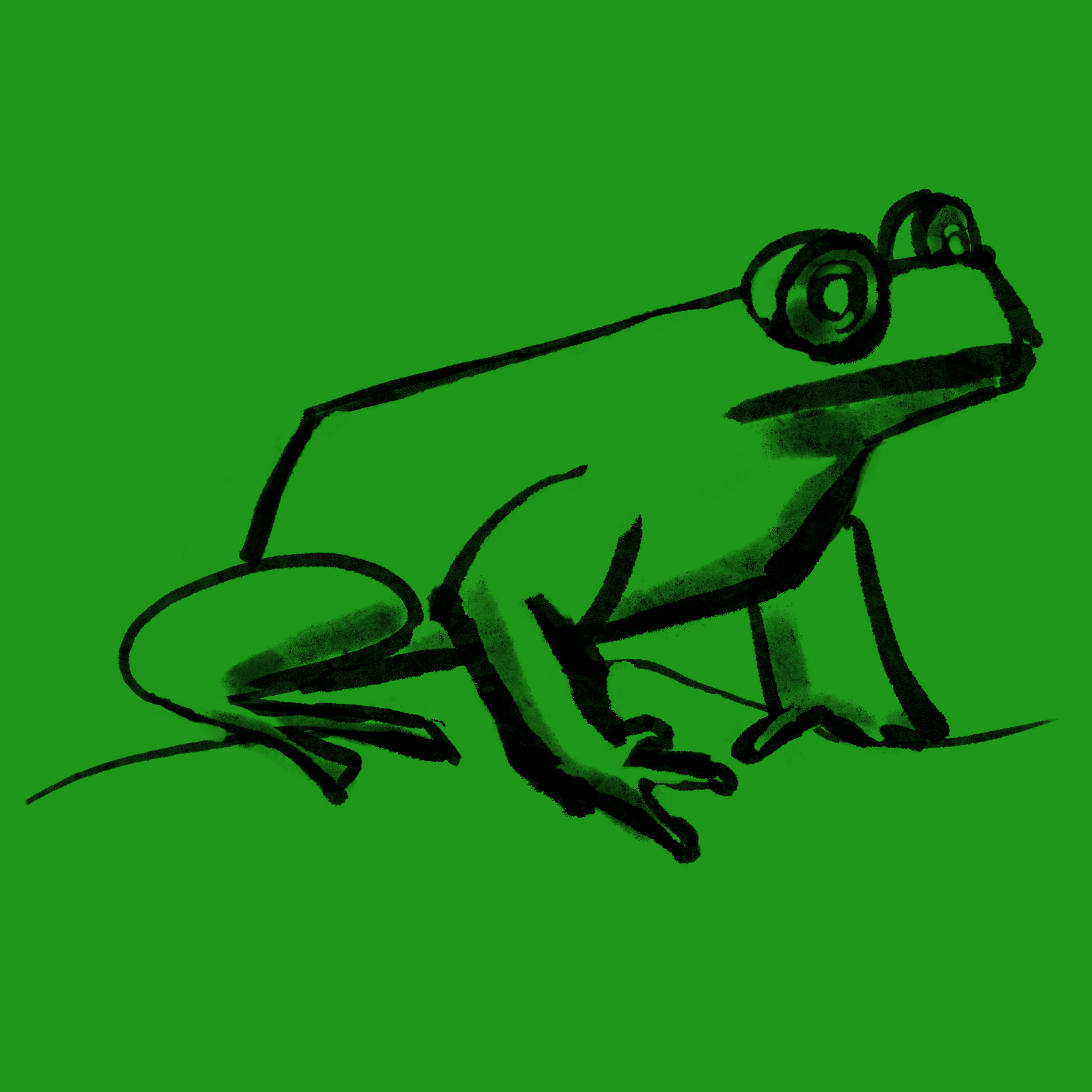 a frog; black, straight lines on green background