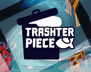 Logo for Trashterpiece game. Shows a trash can, a fish, and whirlpool of trash in falling through a picture frame.